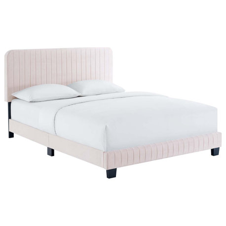 Celine Channel Tufted Performance Velvet Twin Platform Bed, Pink