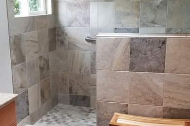Inspiration for a mid-sized transitional master bathroom in Portland with shaker cabinets, light wood cabinets, an open shower, gray tile, porcelain tile, vinyl floors, an undermount sink, engineered quartz benchtops, grey floor and an open shower.