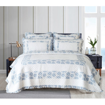 Ruffle Lace Paisley Soft Blue Quilt and Coverlet and Sham Set, White, King Coverlet Set