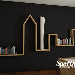 他の地域の中サイズのモダンスタイルのおしゃれなアトリエ・スタジオ (白い壁、濃色無垢フローリング、自立型机) の写真