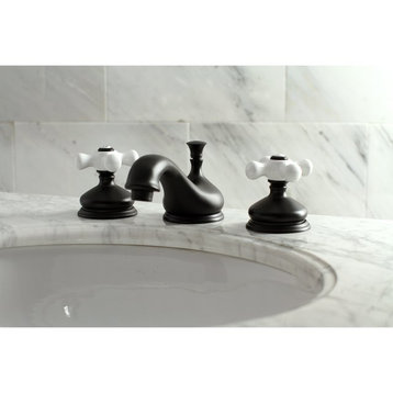 Contemporary Bathroom Faucet, Widespread Design With White Cross Handles, Black