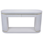 Unknown - Mid Century Style Lacquered Console - A Mid Century style Console Table that has been professionally restored, crafted out of maple wood, and has an oval "race track top" design with curved sides. This eye-catching Vintage Mastercraft Sideboard features a new fabulous white lacquered finish, brass accents around the top & bottom, two pullouts / pull-out drawers that open with ease and rest on a sturdy oval base. This 1960s Modern Sofa Table is elegant, sturdy, and ready to be displayed and used for years to come.