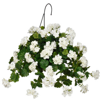 Artificial White Geranium in Water Hyacinth Hanging Basket, White Water Hyacinth