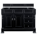 James Martin Vanities - Brookfield 48" Antique Black Single Vanity - The Brookfield 48" Antique Black vanity by James Martin Vanities features hand carved accenting filigrees and raised panel doors. Two doors open to shelves for storage below and two drawers, made up of a lower double-height drawer and a middle standard drawer, offer additional storage space. The look is completed with Antique Brass finish door and drawer pulls. Matching decorative wood backsplash is included.