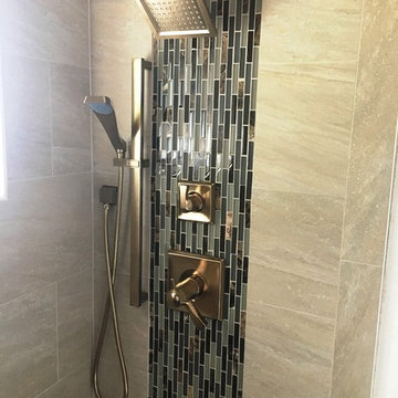 BATHROOM - Contemporary Tub-To-Shower 12 x 24  TanTile and Linear Mosaic Accent