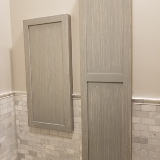 Design ideas for a small contemporary l-shaped utility room in Providence with a submerged sink, shaker cabinets, turquoise cabinets, granite worktops, grey walls, marble flooring, a side by side washer and dryer, white floors and grey worktops.