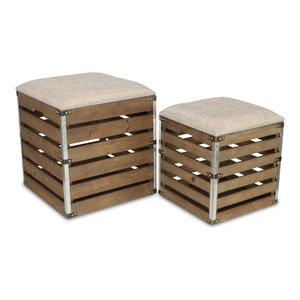 Set Of 2 Rectangular Wood Slat Storage Bench With Metal Accent And