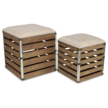 Set Of 2 Square Wood Slat Storage Bench With Metal Accent And Cushioned Lid