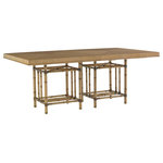 Tommy Bahama Home - Caneel Bay Dining Table - Proving that a casual lifestyle and a sophisticated designer look are not mutually exclusive, the rectangular dining table features leather-wrapped bamboo carved moldings, a four-way book matched veneer top and antique brass finished metal ferrules. The table can comfortably seat ten when utilizing both 22-inch leaves.