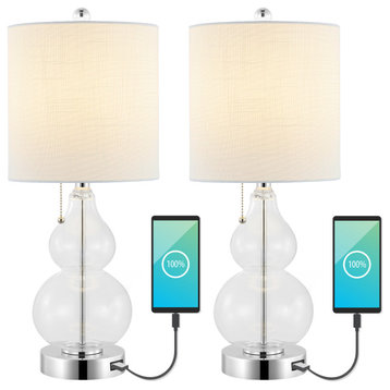 Cora 22" Vintage Glass LED Table Lamp, USB Charging Port, Set of 2, Clear
