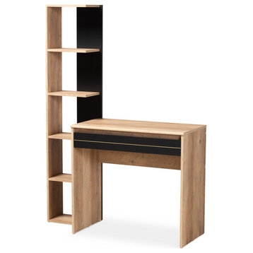 Modern and Contemporary Two Tone Black & Oak Brown Finished Wood Desk w/ Shelves