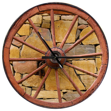 Old Wooden Country Wheel Oversized Rustic Metal Clock, 23"x23"