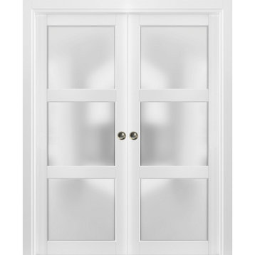 French Double Pocket Doors Frosted Glass 3 Lites | Lucia 2552 Matte White, 60" X