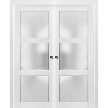 French Double Pocket Doors Frosted Glass 3 Lites | Lucia 2552 Matte White, 60" X