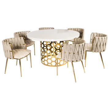 Laguna Gold and White Round 54" Dining Table With 6 Chairs, Yellow Gold
