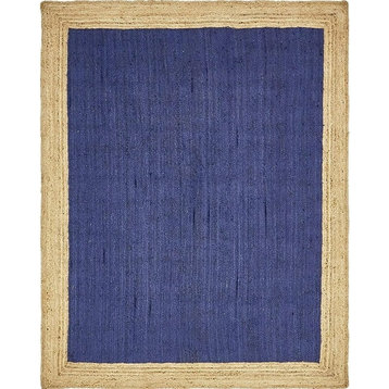 Farmhouse Area Rug, Hand Braided Bordered Jute, Natural/Navy Blue, 11' Square