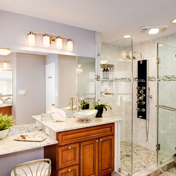 Elegant Master Bathroom Remodel with Quartz-Granite Hybrid Vanity and Spa Shower