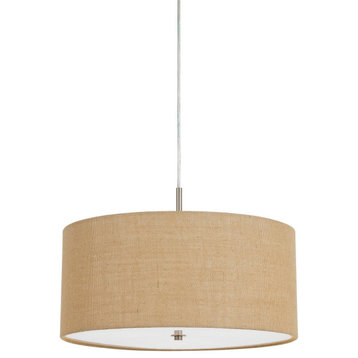Metal Pendant Lighting With Fabric Circular Drum Shade And Cord, Beige