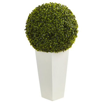 28" Boxwood Topiary Ball Artificial Plant, White Tower Planter, Indoor/Outdoor