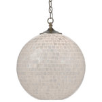Currey & Company - Finhorn Pendant - Who needs candle-glow when the Finhorn Pendant is hanging overhead? Place this orb covered with small squares in mother of pearl in a space and it will glow like the moon brought down to earth. We've kept the composition light by treating the metal to an antique silver leaf finish. We also offer the Finhorn in a table lamp.