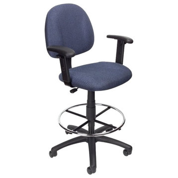 Boss Office Contoured Comfort Rolling Fabric Drafting Stool with Arms in Blue