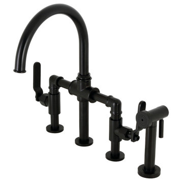 KS2330KL Industrial Style Bridge Kitchen Faucet With Brass Sprayer, Matte Black