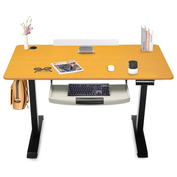 Electric Desk, Black Metal Legs & Bamboo Finished Top With Adjustable Height
