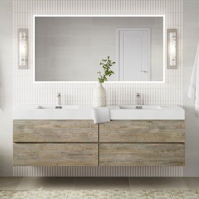 Boutique Bath Vanity, Natural Wood, 72", Double Sink, Wall Mount