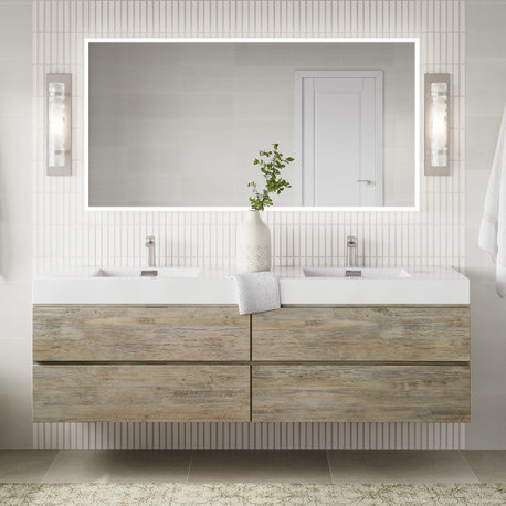 Boutique Bath Vanity, Natural Wood, 72", Double Sink, Wall Mount