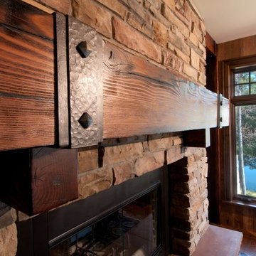 Reclaimed Douglas Fir Mantel with Iron Straps in Rustic Living Room