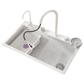 Ultramodern White Sink Made of Nano 304 Stainless Steel with Waterfall Faucet, L26.8xw17.7 / L68xw45cm A2-Fj