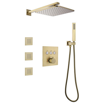Shower System with Handheld Shower & 3 Body Jets, Brushed Gold