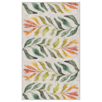 Washable Ombre Leaves Sunset Green Area Rug, Rectangle 5'x7'