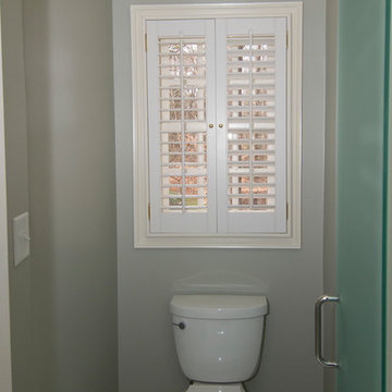 A frosted heavy glass door opposite the shower heavy glass door