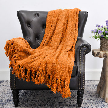 Fluffy Knitted Throw, Burnt Orange, 50"x60"