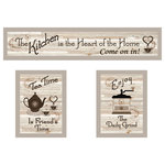 Trendy Decor4U - "Kitchen Friendship Collection III" 3-Piece Vignette, Sand Frame - Kitchen Friendship Collection III, a 3 piece grouping of kitchen d cor framed art by the designers at Trendy Decor 4U, (1) 32 x 7 "Kitchen is the Heart of the Home, plus 2 (10 x 14) "Tea Time" and "The Daily Grind", all in matching black frames. The surface of the prints is textured with a fade resistant coating so no glass is necessary. Arrives ready to hang. Made in the USA by skilled American workers.