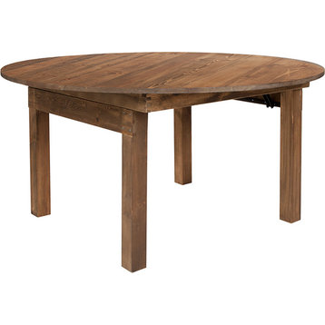 HERCULES Series 60" Round Antique Rustic Solid Pine Folding Farm Dining Table