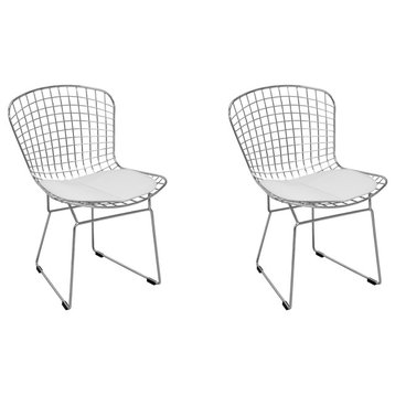 Chrome Wire Dining Side Chair With Faux Leather Seat Cushion, Set of 2, White