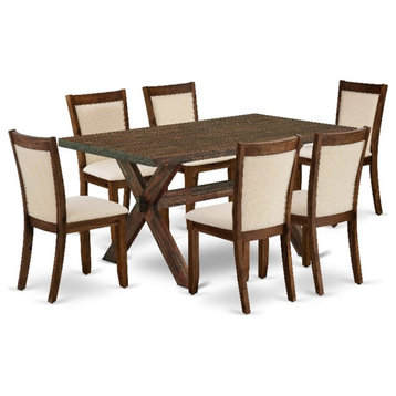 X776MZN32-7 Dinner Table and 6 Light Beige Chairs - Distressed Jacobean Finish