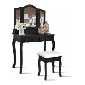 Compact Style Tri Folding Mirror Vanity Table Stool Set With 4
