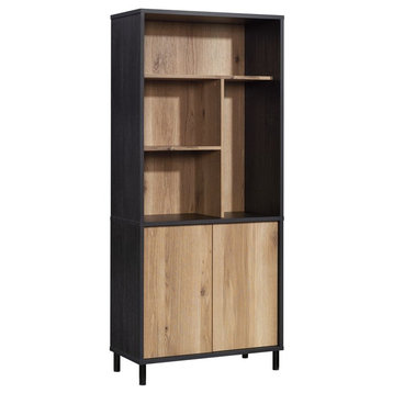 Tall Bookcase, 5 Open Compartments & Lower Storage Cabinet, Raven Oak/Timber Oak