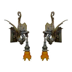 Cast Bronze Medieval Gothic Dragon Sconce, Pair - Wall Sconces