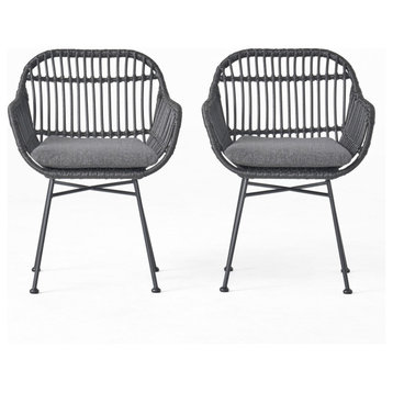 Rodney Outdoor Woven Faux Rattan Chairs With Cushions, Set of 2, Gray/Dark Gray/Black Finish