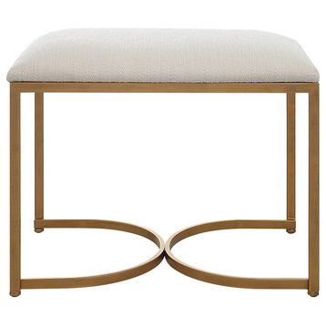 Accent Bench, Antique Brushed Brass Finish and White Fabric