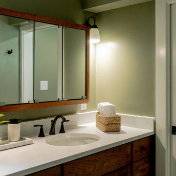 Modern Basement Vanity with Undermount Sink and Sage Green Accent Wall