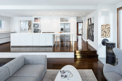 Large danish dark wood floor kitchen photo in DC Metro