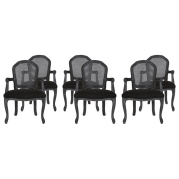 Mariette Wood and Cane Upholstered Dining Chair, Set of 6, Black and Gray