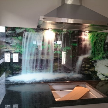 Waterfall-image glass splashback