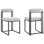 Armen Living - Anastasia Dining Chair with Matte Black Iron and Light Gray Fabric - Set of 2 - Make a stylish impact with the clean and modern aesthetic of the Anastasia Dining Chair in Fabric and Metal - Set of 2 by Armen Living. Its crisp and refined frame is combined with plush upholstery to lend a chic and striking edge to any room. A cylindrical cushion is beautifully balanced upon its airy frame to offer comfortable back support. Its cushioned backrest and padded seat showcase a neat channeling detail that provides texture for a chic and inviting look. The chair is upholstered in performance fabric to offer easy care and maintenance. Its slender and clean-lined metallic frame reflects the refined and elevated tone of our chair. The contemporary Anastasia chair can add a dose of comfort and charm to your eat-in kitchen and dining room. With versatile styling potential, it can serve as an occasional chair to offer an easy and chic place to land anywhere from your lounge to your home office. Available as a set of two, the Anastasia Dining Chair comes in brushed stainless steel with Light Gray, Charcoal, Blue, or Taupe fabric or matte black iron with Anchor Gray fabric, Light Gray fabric, or Light Gray faux leather to bring style and comfort to your home.
