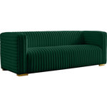 Meridian Furniture - Ravish Velvet Upholstered Chair, Green, Sofa - Bring your living room decor into the moment with this Ravish velvet sofa. This beautiful sofa features all-over upholstery in a soft green color that's easy to blend with other color elements in your space. The deep channel tufting that runs horizontally and vertically along the sofa's exterior adds to its lovely look, and it comes with both gold and chrome legs for a custom finish.